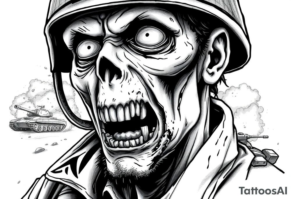 Close-up of a zombie soldier's face, torn uniform, with a tank and explosions in the background. tattoo idea
