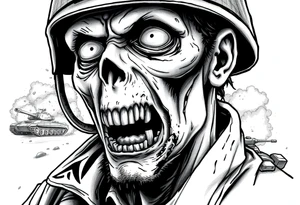 Close-up of a zombie soldier's face, torn uniform, with a tank and explosions in the background. tattoo idea