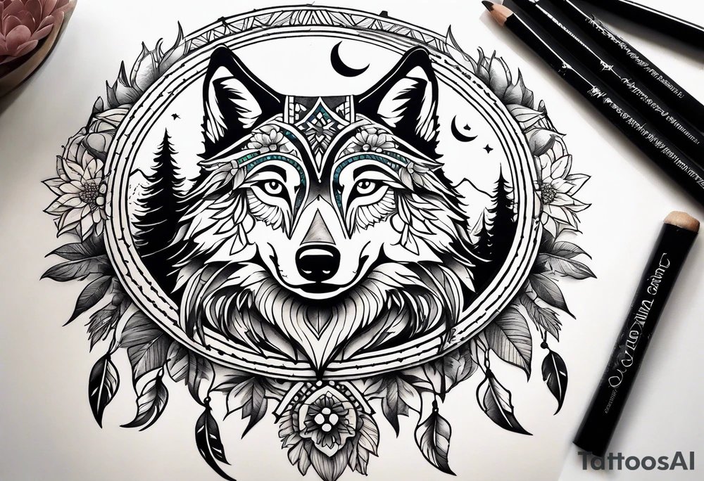 A whimsical wolf tattoo featuring mandala or dream catcher elements, with the wolf as the central focus, surrounded by mountains in the background. Include flowers and nature elements to fill the space around the wolf. Some color but not completely solid bold color tattoo idea