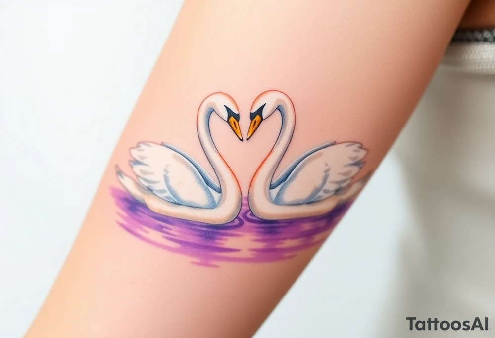 Two swans in graceful white with golden beaks, forming a heart with their necks, floating on a shimmering lavender-hued lake tattoo idea