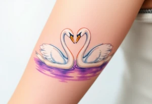 Two swans in graceful white with golden beaks, forming a heart with their necks, floating on a shimmering lavender-hued lake tattoo idea