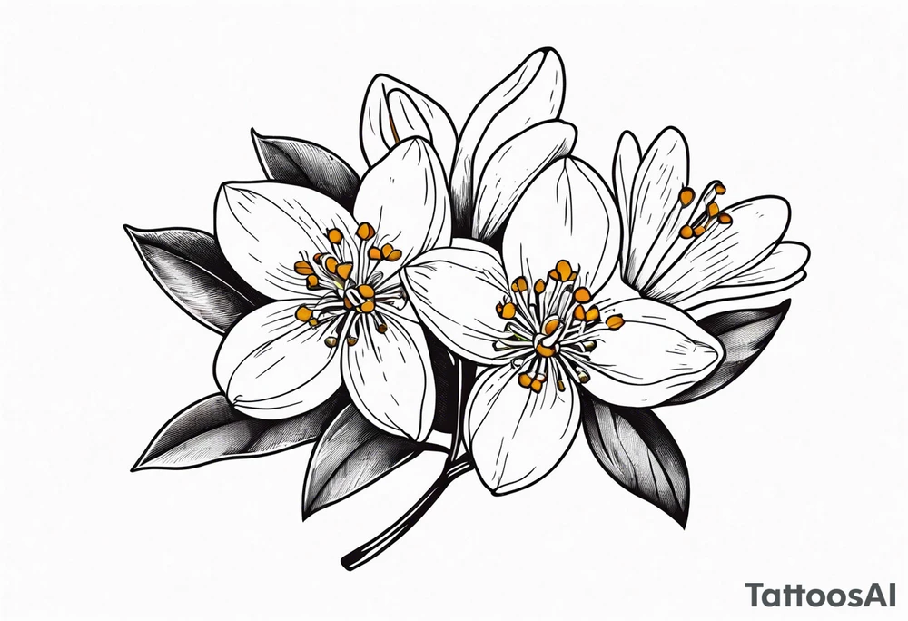 Bouquet with One snowdrop, One hawthorn flower, Two honeysuckle blooms, tattoo idea