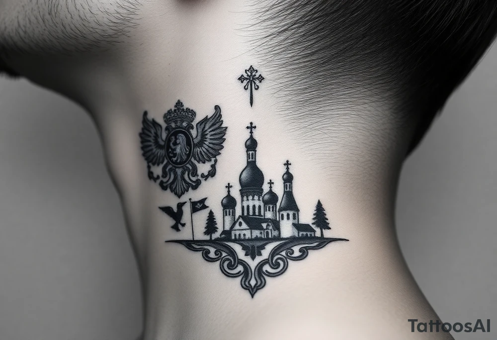 Traditional authentic Russian coat of arms with a Christian orthodox virgin marry in the middle and silhouette in a Russian wilderness Christian orthodoxy dome church village setting on the side of my neck tattoo idea