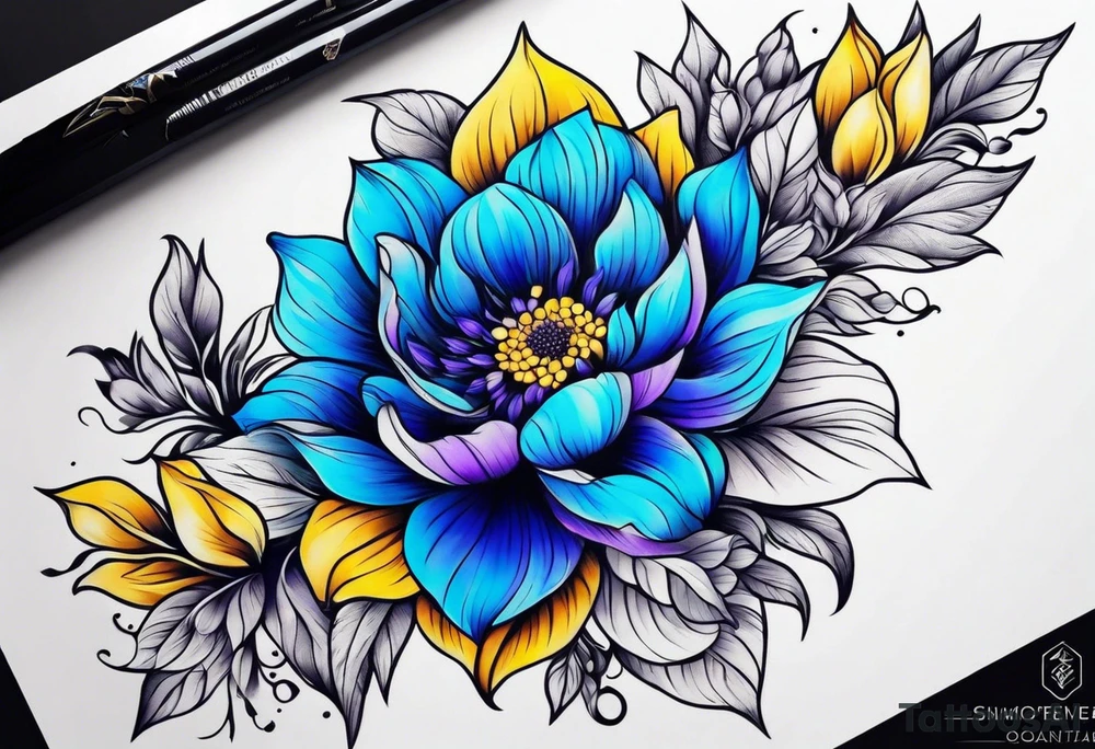 Blue yellow and purple flowers arm sleeve tattoo idea