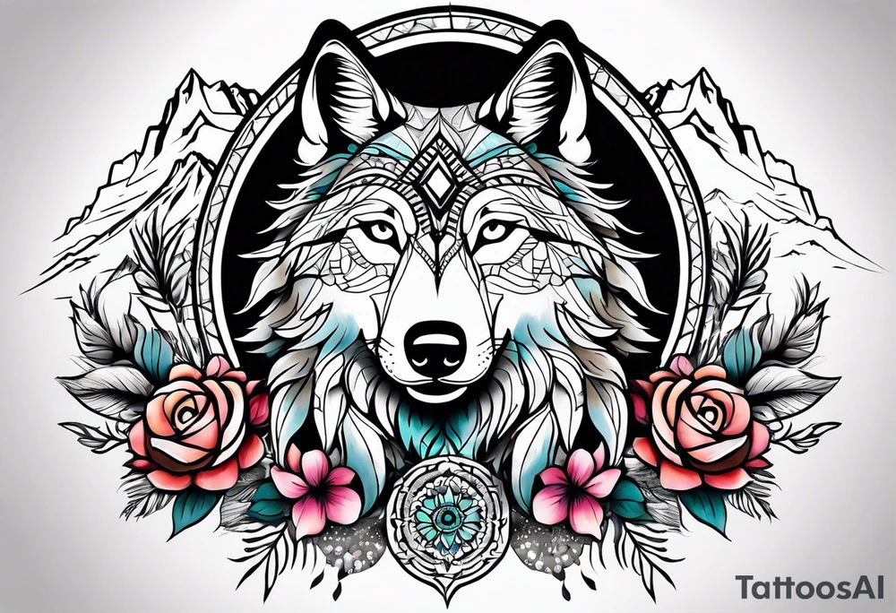 A whimsical wolf tattoo featuring mandala or dream catcher elements, with the wolf as the central focus, surrounded by mountains in the background. Include flowers and nature elements to fill the space around the wolf. Some color but not completely solid bold color tattoo idea
