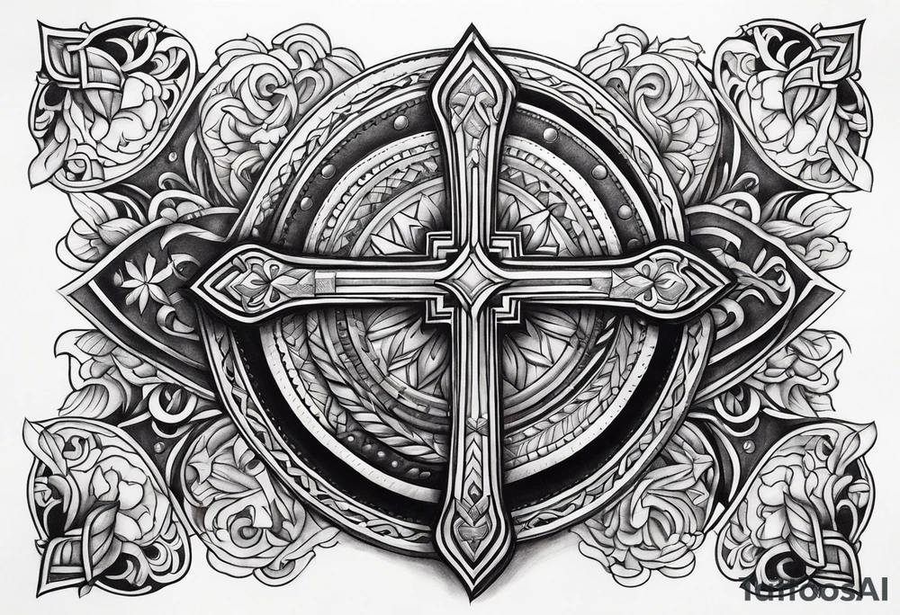 leather half sleeve with detailed cross tattoo idea
