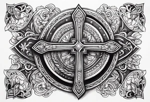 leather half sleeve with detailed cross tattoo idea