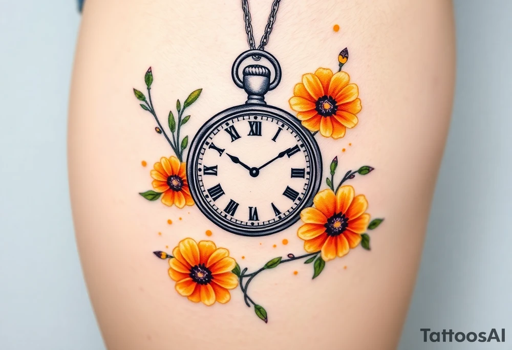 Beautiful pocket watch surrounded by orange and yellow marigolds tattoo idea