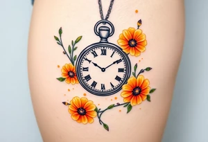 Beautiful pocket watch surrounded by orange and yellow marigolds tattoo idea