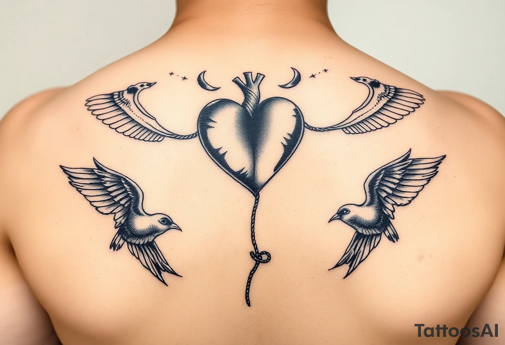 heart jumping rope birds around it tattoo idea