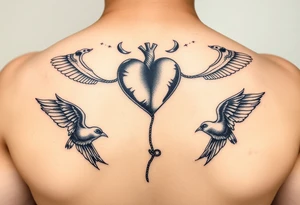 heart jumping rope birds around it tattoo idea