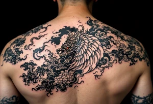 Purépecha style tattoo surrounded by Asian style clouds tattoo idea