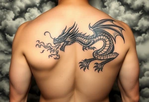 fierce dragon breathing iridescent fire against stormy skies tattoo idea