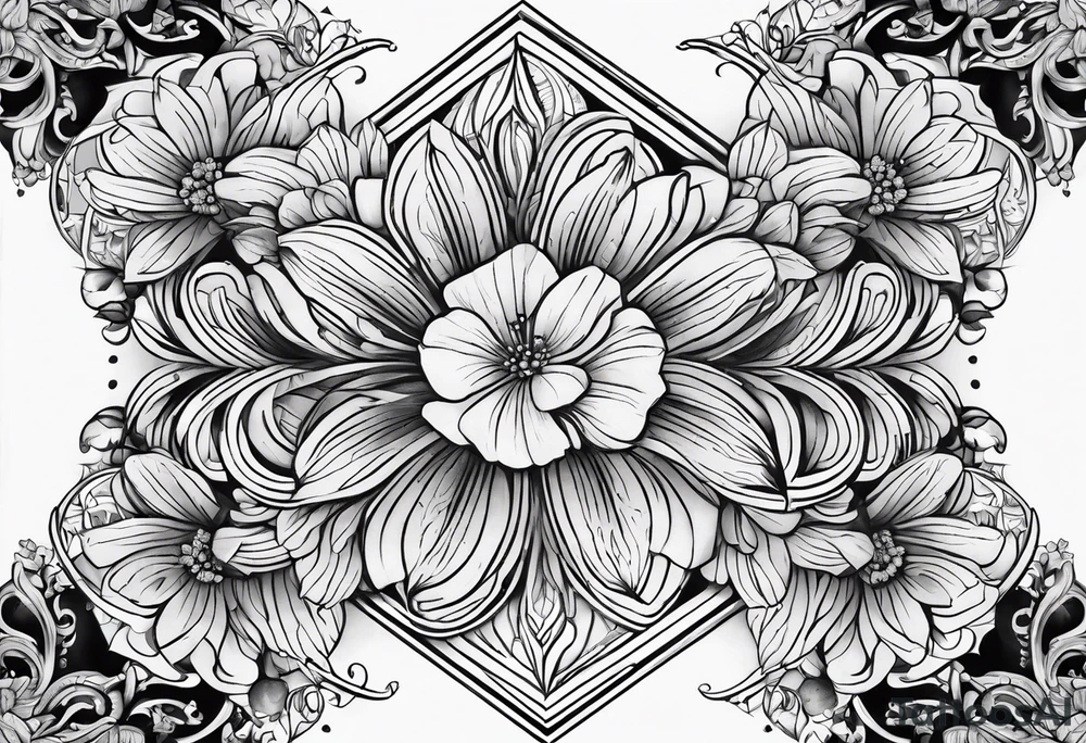 SLeve with flowers and geometrical design tattoo idea