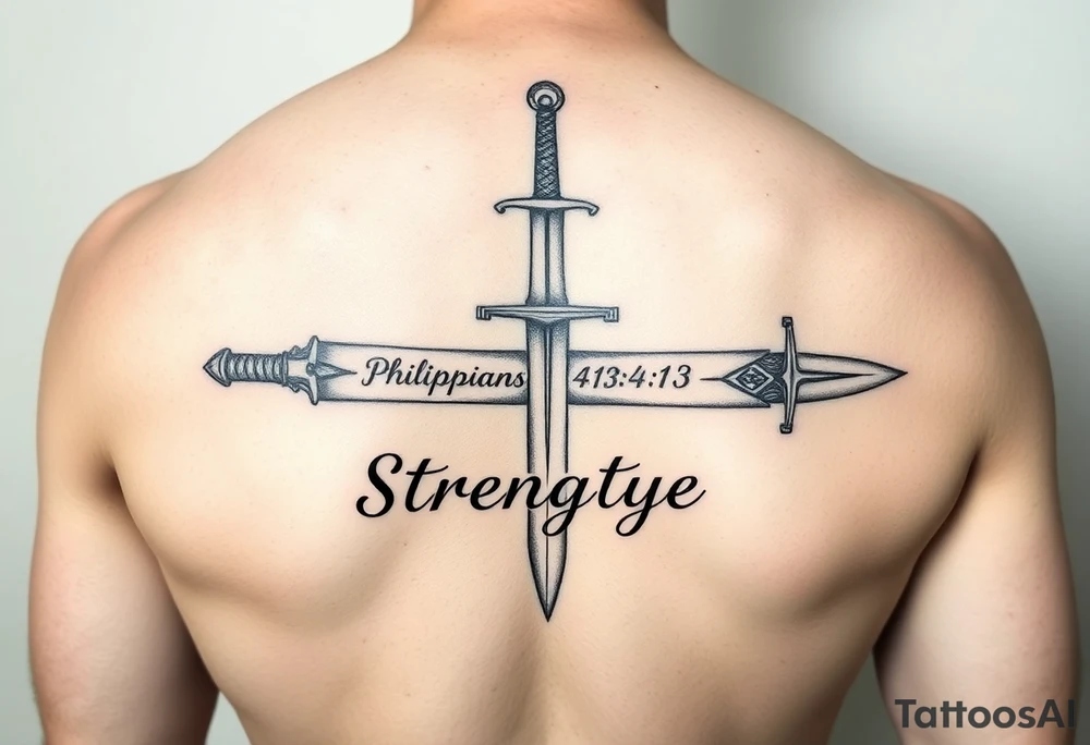 A sword with philippians 4:13 and the word strength tattoo idea