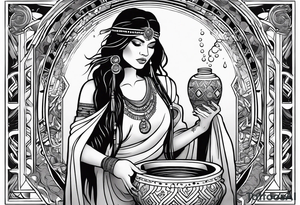 Aquarius water barrer she has a roman pot she is filling with water by a water fall she is native American dark eyes,tattoos her body covered with a silky material and her beauty is blinding tattoo idea