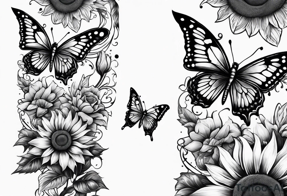 Arm sleeve with Winged cross with sunflower and butterflies tattoo idea