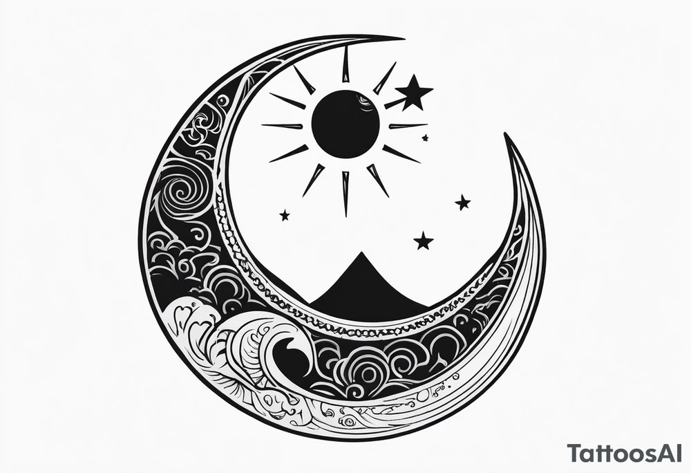 Sun and crescent moon with vintage line along with yin yang. tattoo idea