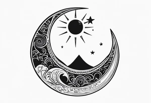 Sun and crescent moon with vintage line along with yin yang. tattoo idea