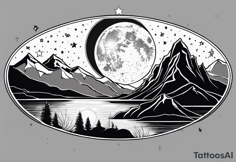 nature with mountains, waterfall, water, and a father and son in the background and and moon/sun in the sky with stars tattoo idea