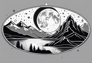 nature with mountains, waterfall, water, and a father and son in the background and and moon/sun in the sky with stars tattoo idea