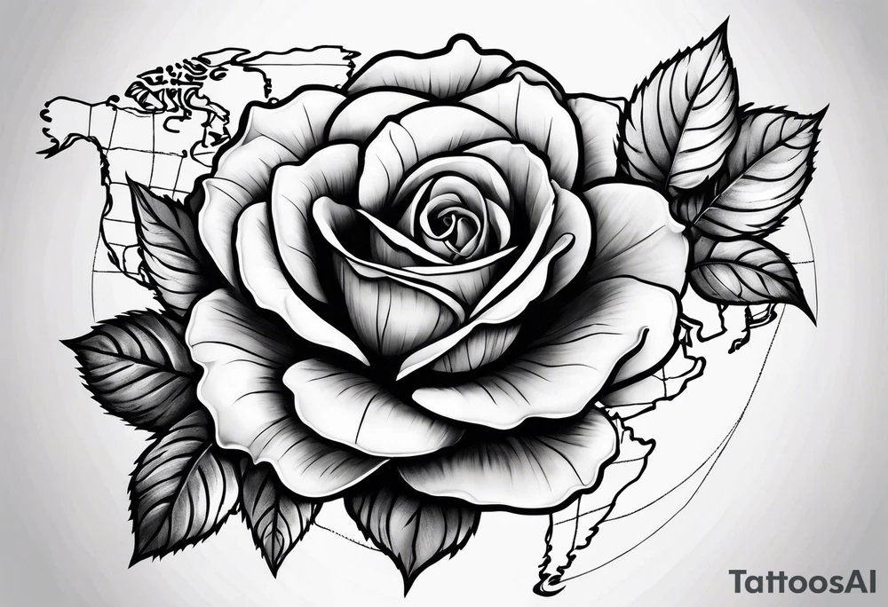 Composition of a rose with a map of the world tattoo idea