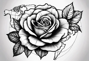 Composition of a rose with a map of the world tattoo idea