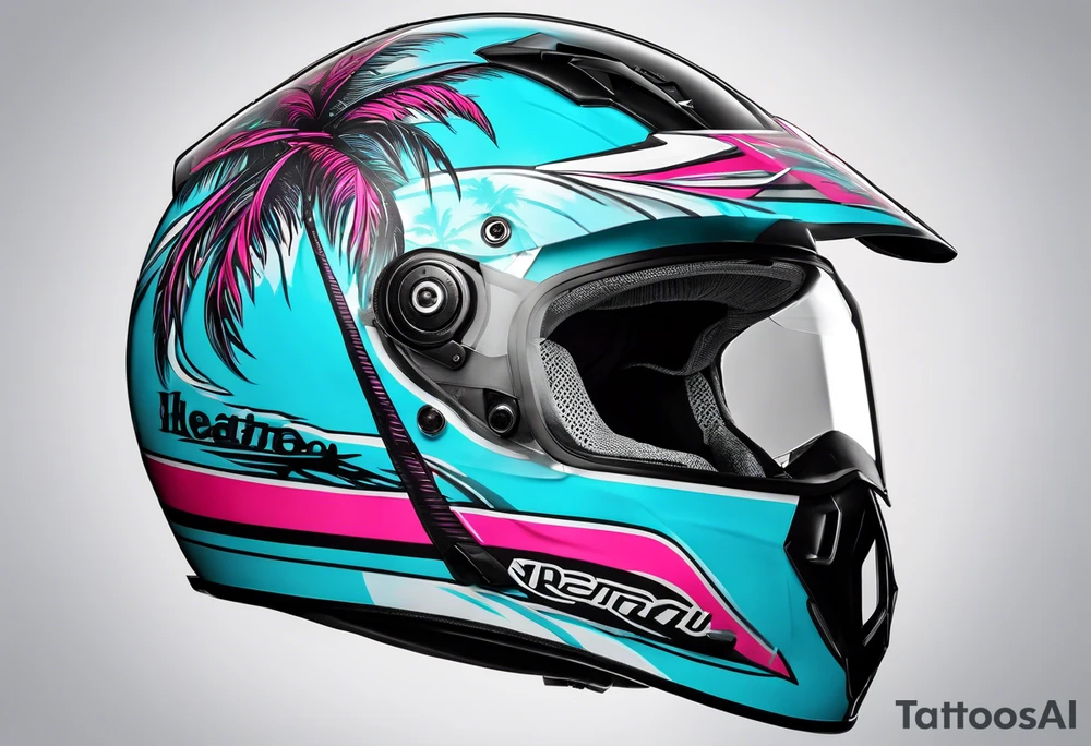 Formula 1 helment with the Miami name a palm tree and light blue black and pink colors 3/4 view tattoo idea