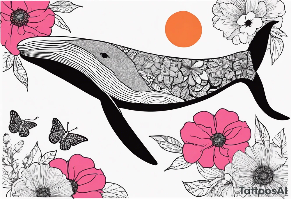 whale, hummingbird, face, flowers, bold color, collage, pink, orange, red tattoo idea