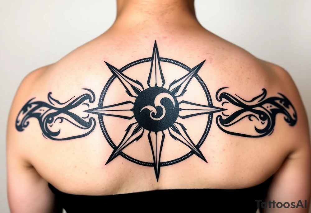 A sharp edged rip curl wave inside of a compass rose tattoo idea