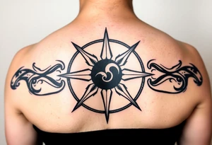 A sharp edged rip curl wave inside of a compass rose tattoo idea