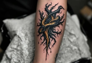 A fusion design of organic tendons and metallic elements in jet black and bronze, blending with skin through shadowed transitions. tattoo idea