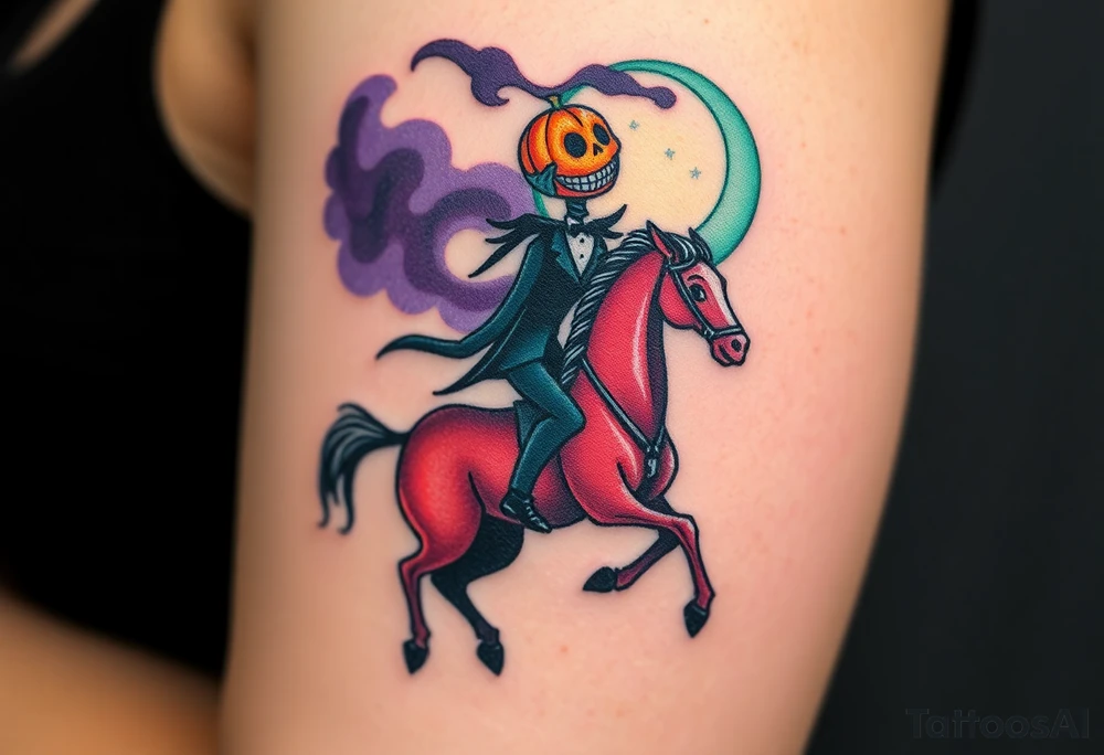 Tim Burton’s headless horseman is riding in the night he holds his pumpkin head in hand as his horse bucks upwards and dripping with muted reds, dusty pinks, and eerie green glow.purple and cyan smokey clouds swirl in the crescent moonlit sky thats sprinkled with stars tattoo idea tattoo idea