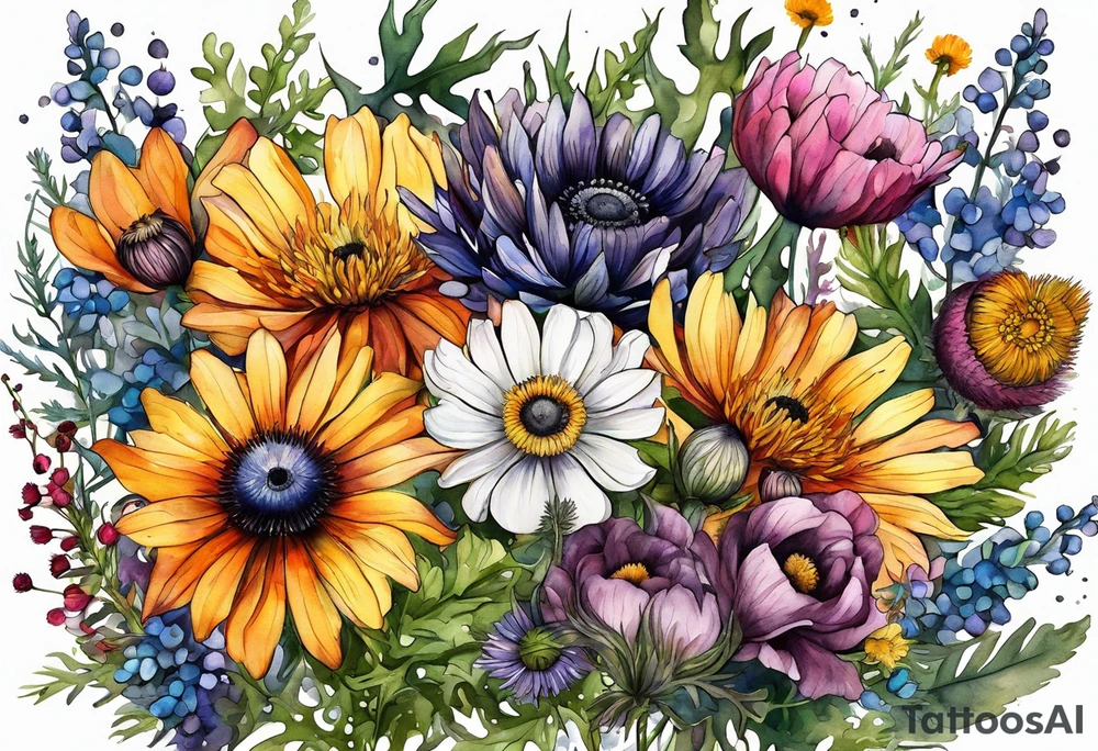 wildflowers with thistles, ferns, ranuculus, white anemones with black center, sun flowers, mixed color flowers all in watercolor tattoo idea