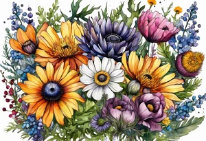 wildflowers with thistles, ferns, ranuculus, white anemones with black center, sun flowers, mixed color flowers all in watercolor tattoo idea