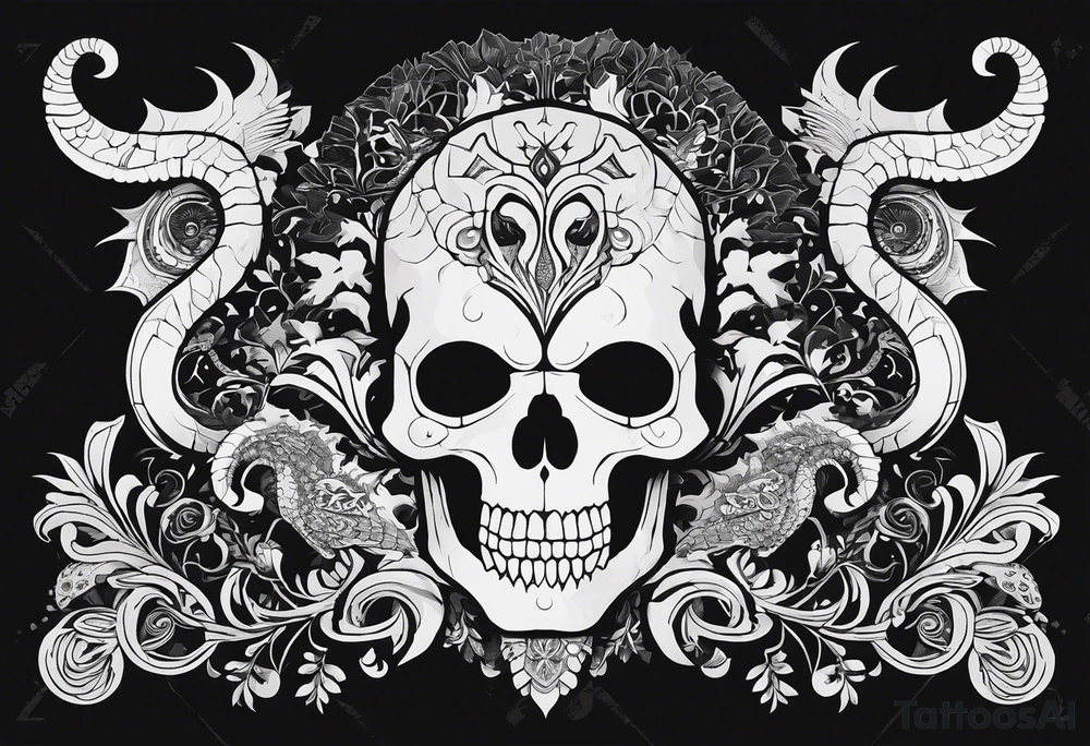 A black-and-white silhouette illustration of a fantastical skull with intricate details, its face twisted into surreal, angular shapes. Wrapped around the skull is a dragon, its body coiled in a striking, dynamic pose, with sharp, bold outlines for its scales and features. Surrounding the main skull are several smaller skulls, each with distinct, abstract patterns formed from solid black lines and shapes. The overall design is rich in detail, but entirely in black and white, with no shading or gradients. The background is dark and minimalistic, with swirling, shadowy shapes that add a sense of mystery and the supernatural. The composition embodies dark fantasy, emphasizing death and creativity through sharp contrasts and striking silhouettes. tattoo idea