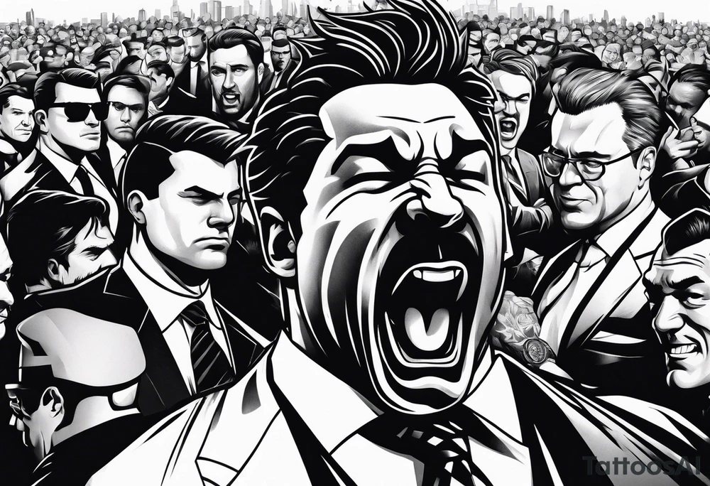raging bull head busting through crowd of businessmen tattoo idea