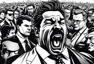 raging bull head busting through crowd of businessmen tattoo idea