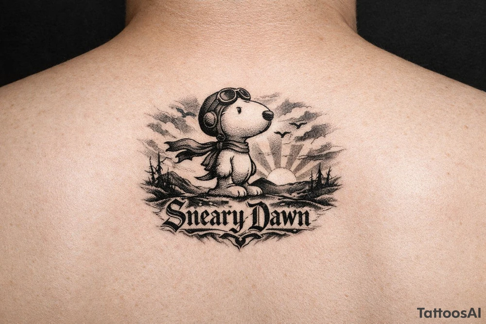 Snoopy with saying Sneary Dawn tattoo idea