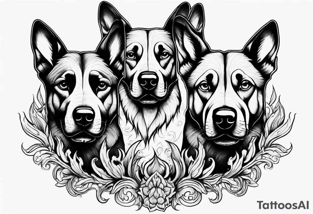 A three headed dog standing in fire tattoo idea
