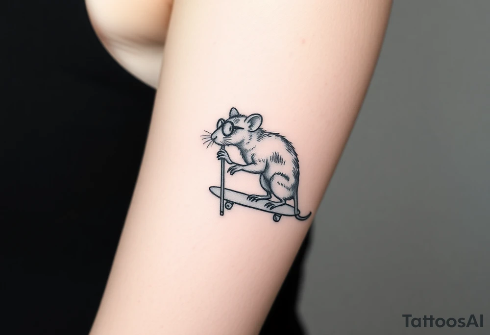 Old rat with a cane and monocle, but instead of a can it is leaning on a skateboard tattoo idea