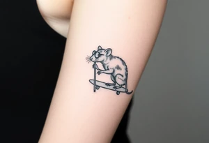 Old rat with a cane and monocle, but instead of a can it is leaning on a skateboard tattoo idea