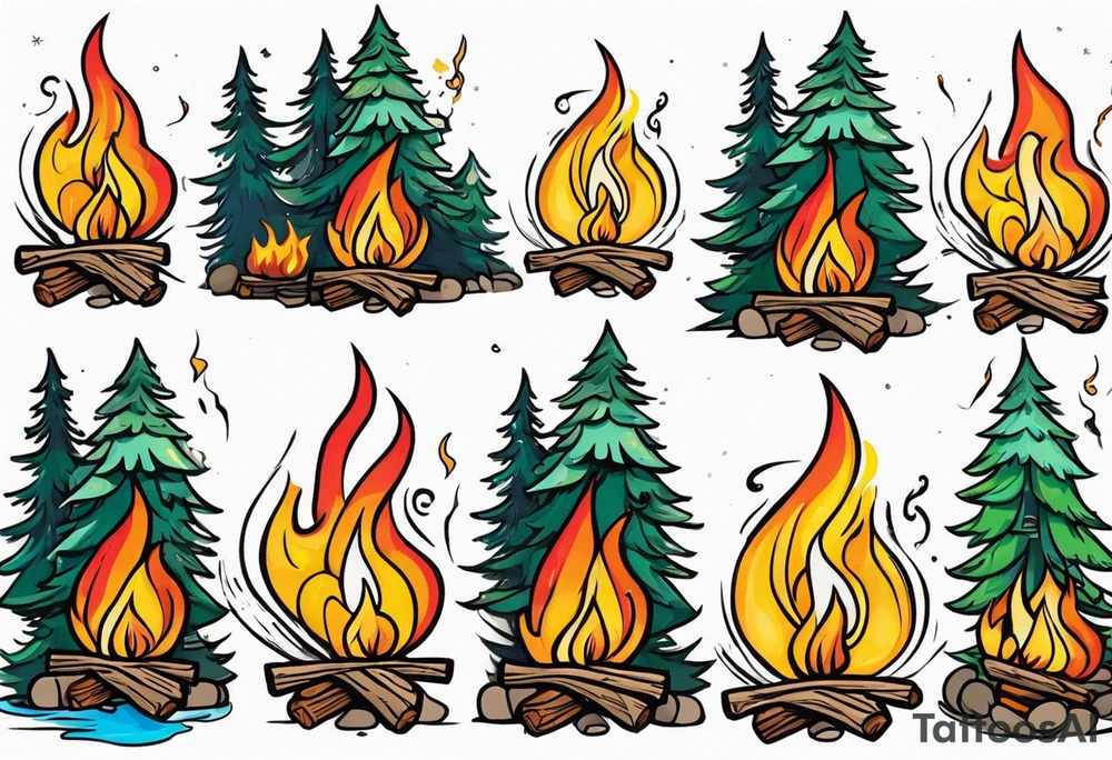 Small campfire in the center, right side: an evergreen tall tree, left side: skinny fast flow steam tattoo idea