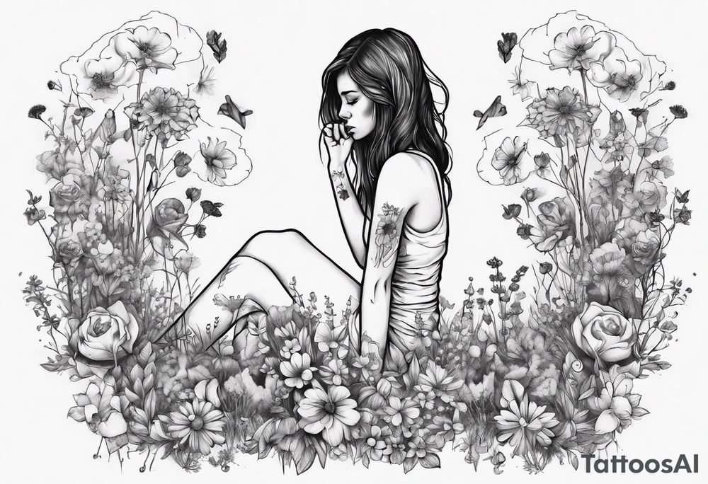 Depressed girl in flowers meadow tattoo idea