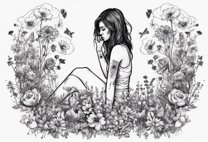 Depressed girl in flowers meadow tattoo idea