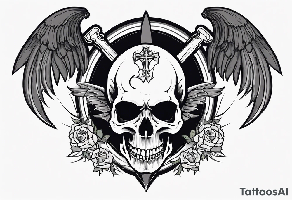 In the center is a half skull pierced by a large sword. On either side of the skull, there are spread angel wings, Beneath the skull is a ribbon weaves through both the skull and the sword tattoo idea