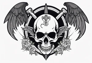 In the center is a half skull pierced by a large sword. On either side of the skull, there are spread angel wings, Beneath the skull is a ribbon weaves through both the skull and the sword tattoo idea