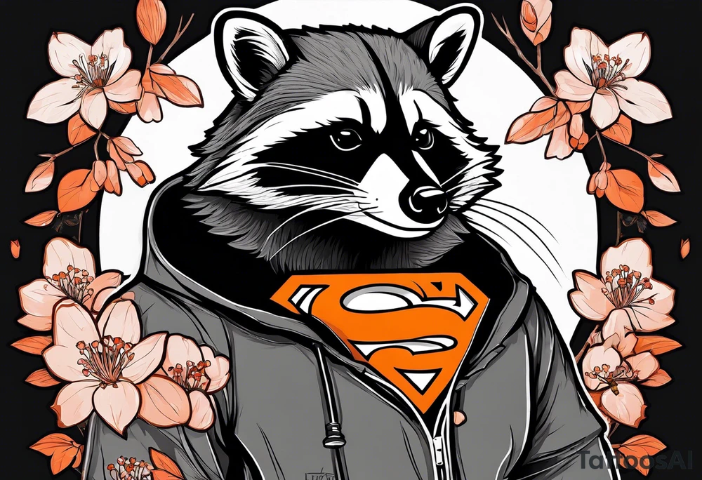 Raccoon wearing a white Superman logo on a black hoodie and orange Japanese cherry blossoms beside tattoo idea