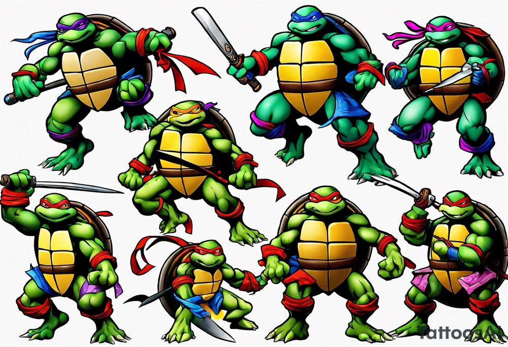 teenage mutant ninja turtles fighting with floral accents tattoo idea