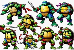 teenage mutant ninja turtles fighting with floral accents tattoo idea